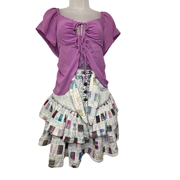 Express Dresses & Skirts - VTG Express Sz M Y2K 2000s Acid Wash Jean Skirt Plaid w/ Belt Cotton Tiered